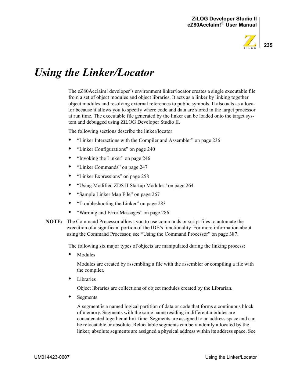 Using the linker/locator | Zilog EZ80F916 User Manual | Page 255 / 469