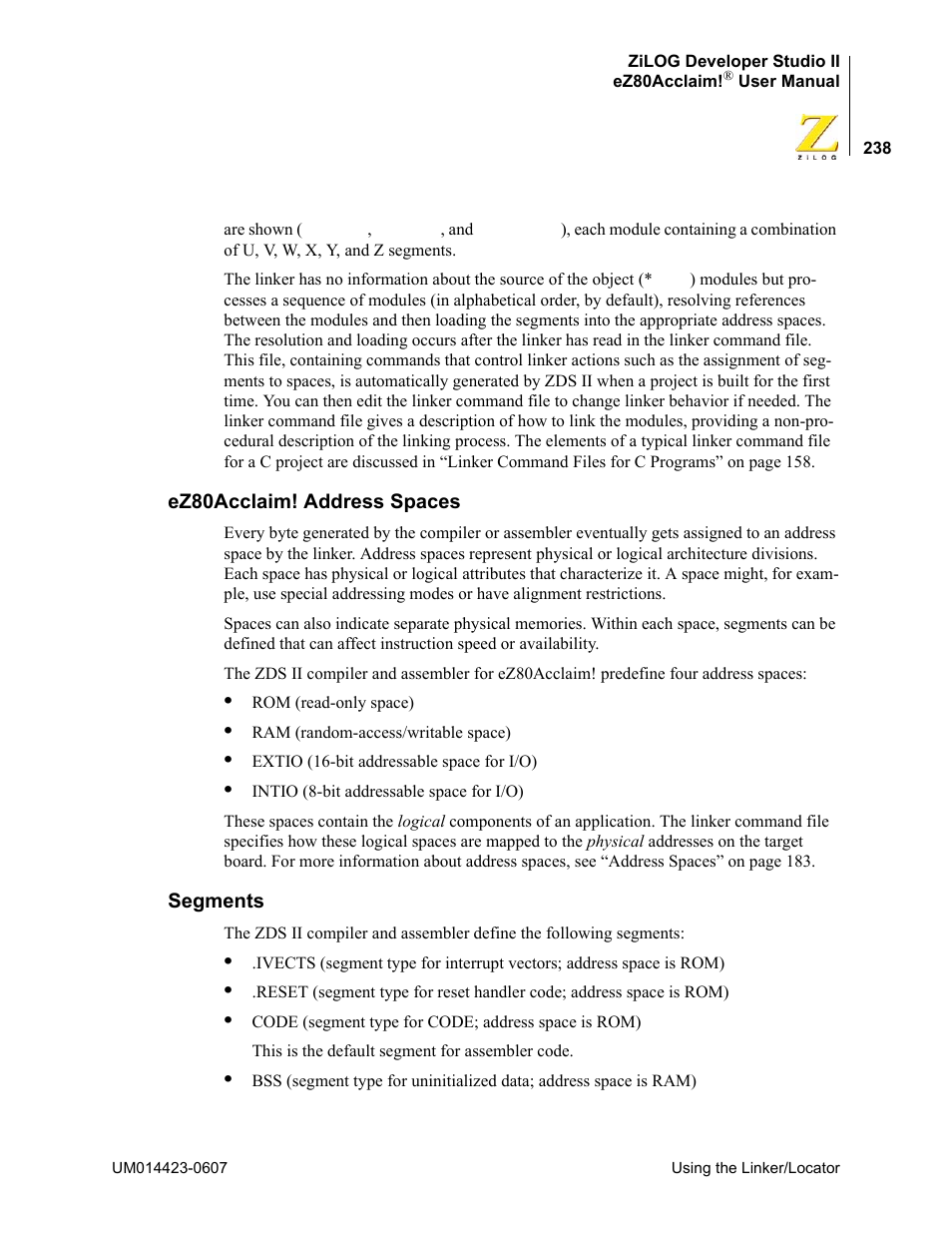 Ez80acclaim! address spaces, Segments, Ez80acclaim! address spaces segments | Zilog EZ80F916 User Manual | Page 258 / 469