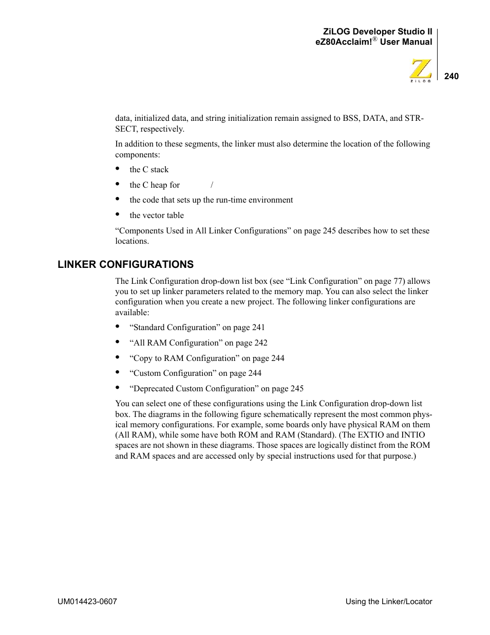 Linker configurations | Zilog EZ80F916 User Manual | Page 260 / 469