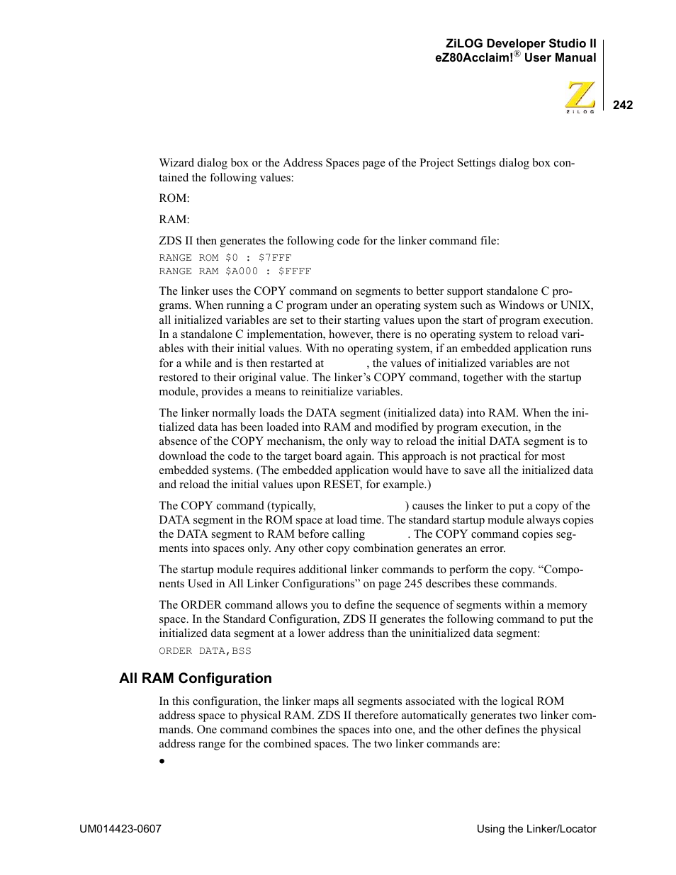 All ram configuration | Zilog EZ80F916 User Manual | Page 262 / 469