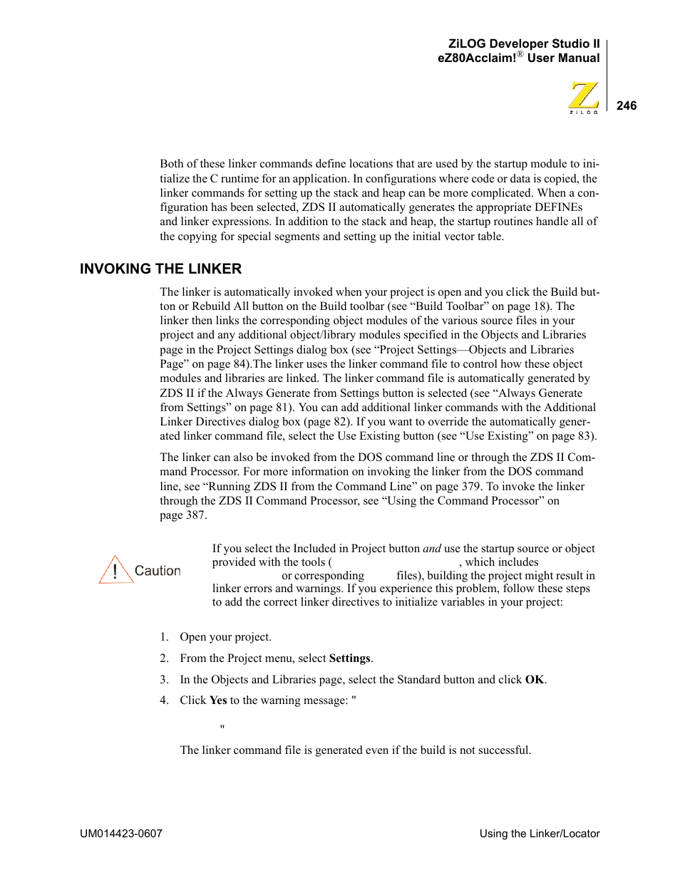 Invoking the linker | Zilog EZ80F916 User Manual | Page 266 / 469