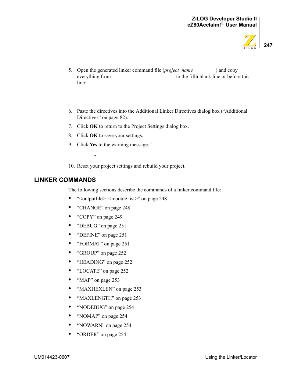 Linker commands, See “linker com | Zilog EZ80F916 User Manual | Page 267 / 469