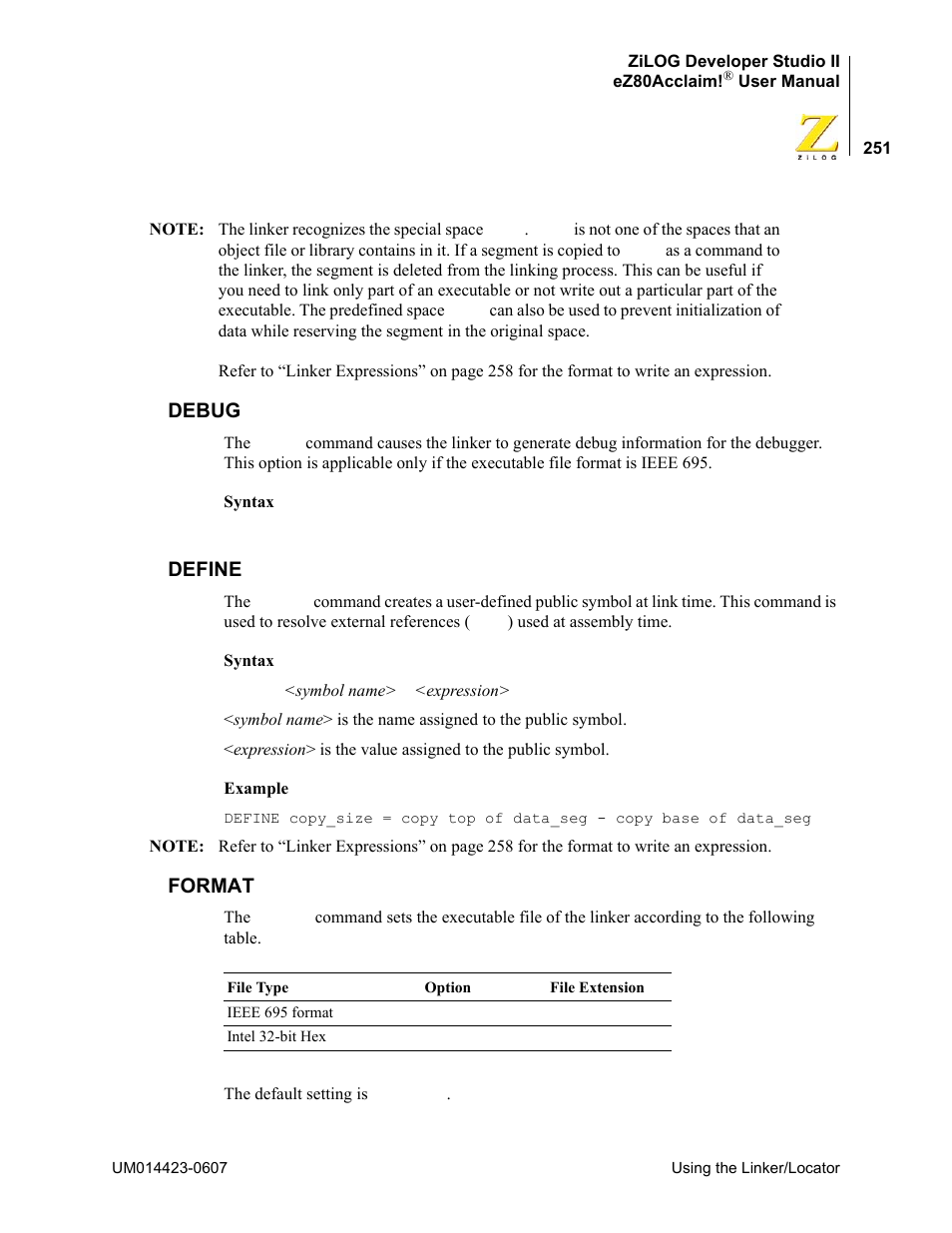 Debug, Define, Format | Debug define format | Zilog EZ80F916 User Manual | Page 271 / 469
