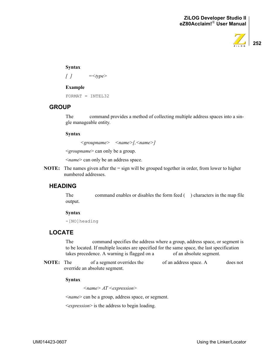 Group, Heading, Locate | Group heading locate | Zilog EZ80F916 User Manual | Page 272 / 469