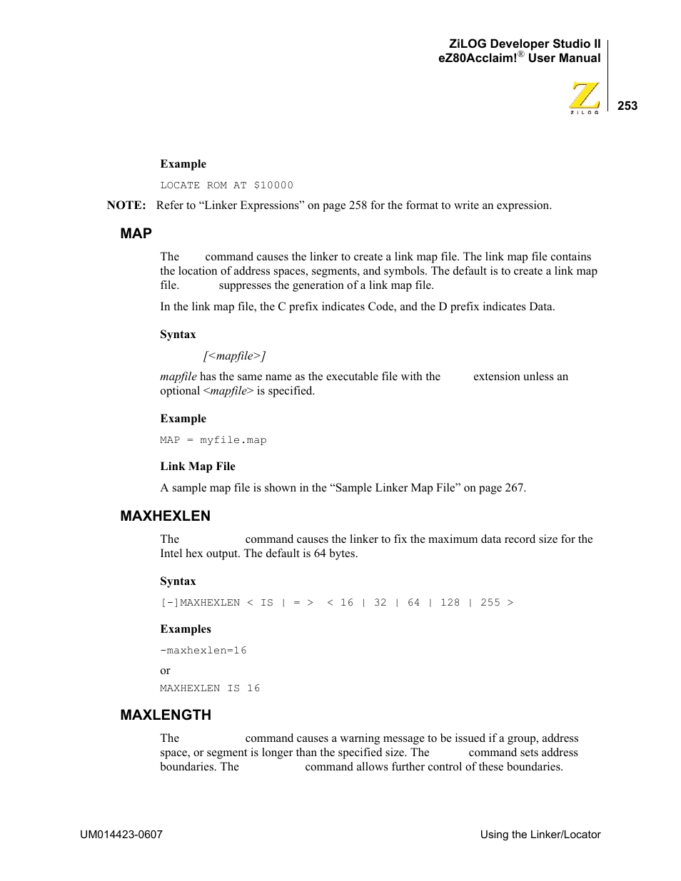 Maxhexlen, Maxlength, Map maxhexlen maxlength | Zilog EZ80F916 User Manual | Page 273 / 469