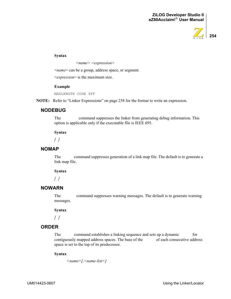Nodebug, Nomap, Nowarn | Order, Nodebug nomap nowarn order | Zilog EZ80F916 User Manual | Page 274 / 469