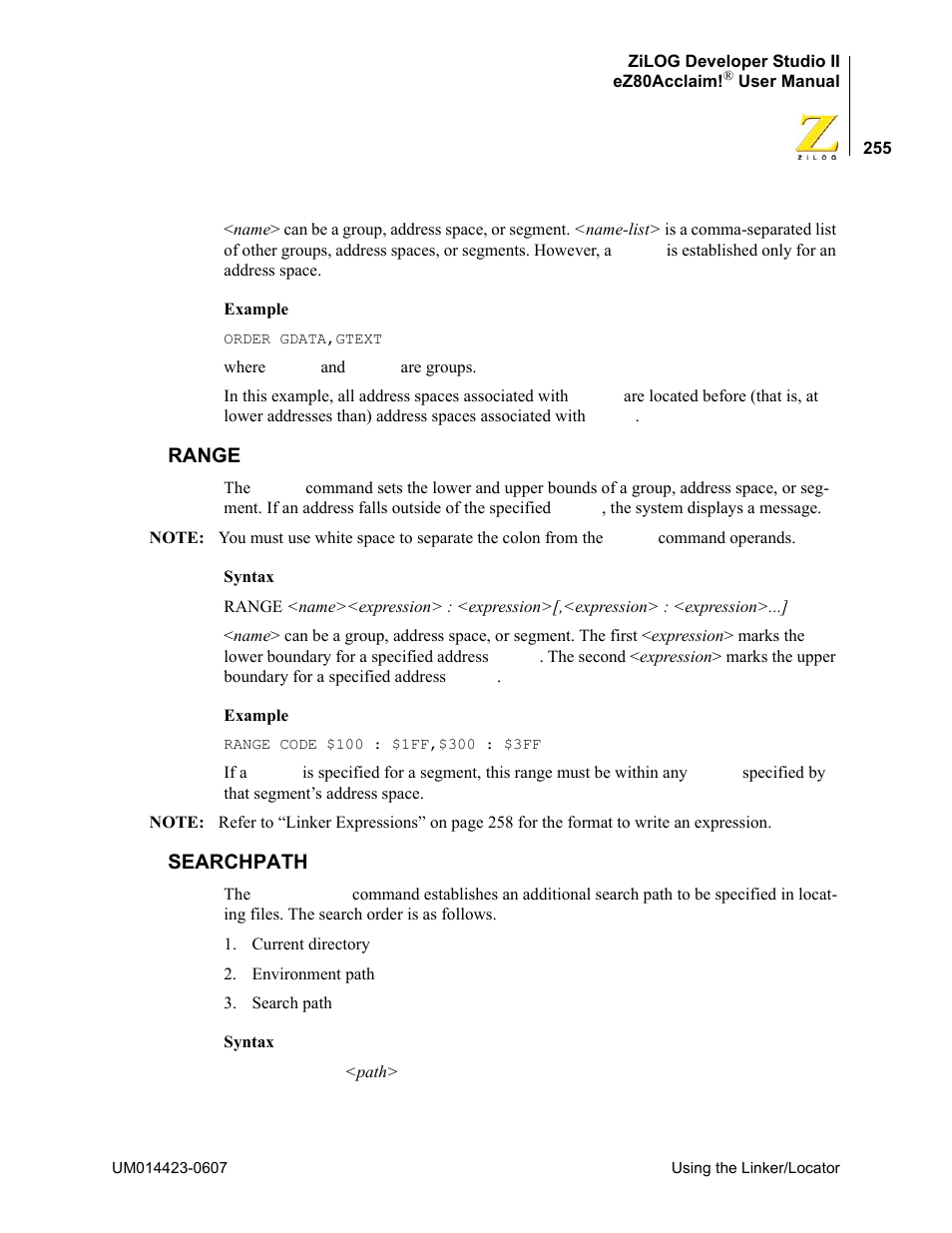 Range, Searchpath, Range searchpath | Zilog EZ80F916 User Manual | Page 275 / 469
