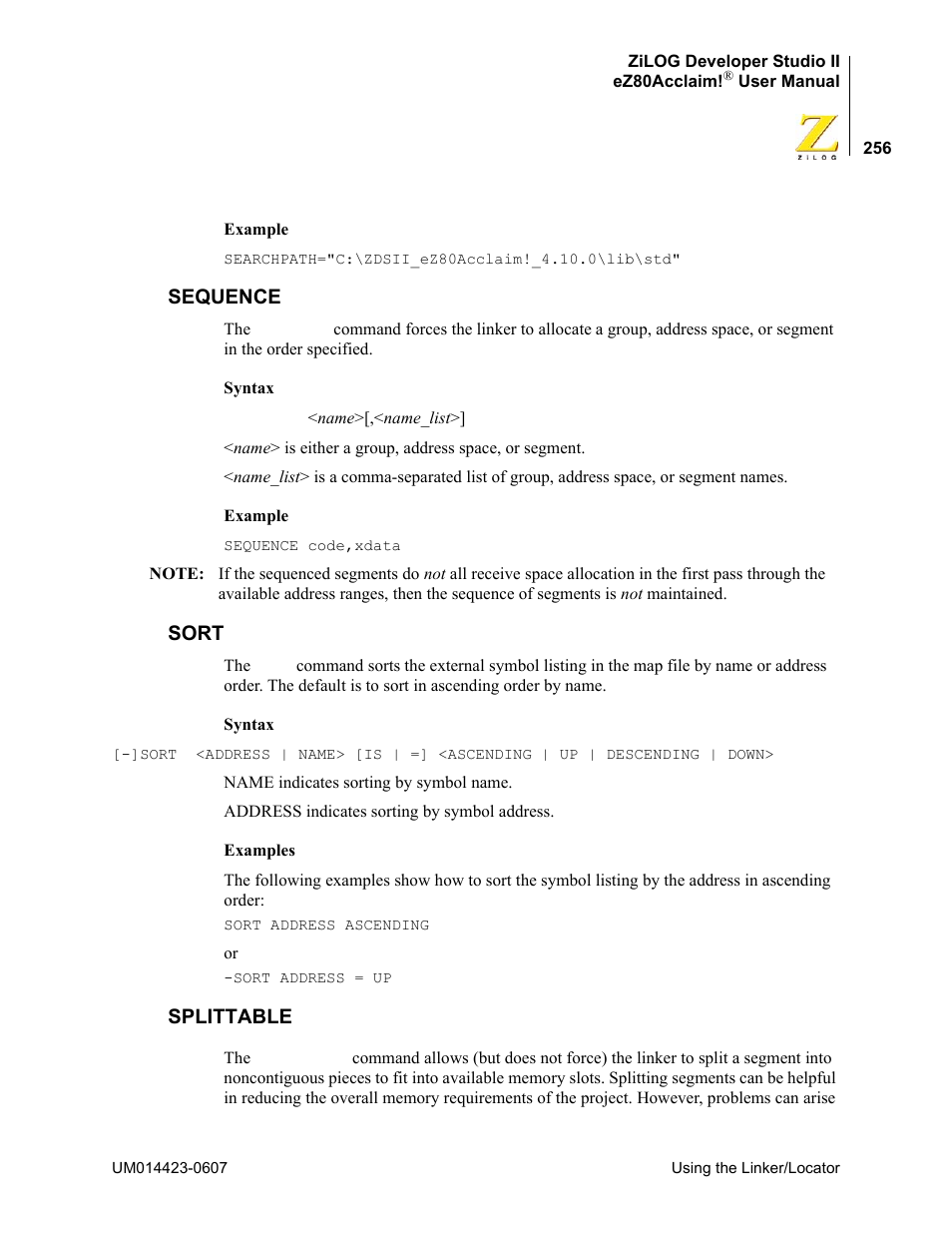 Sequence, Sort, Splittable | Sequence sort splittable | Zilog EZ80F916 User Manual | Page 276 / 469