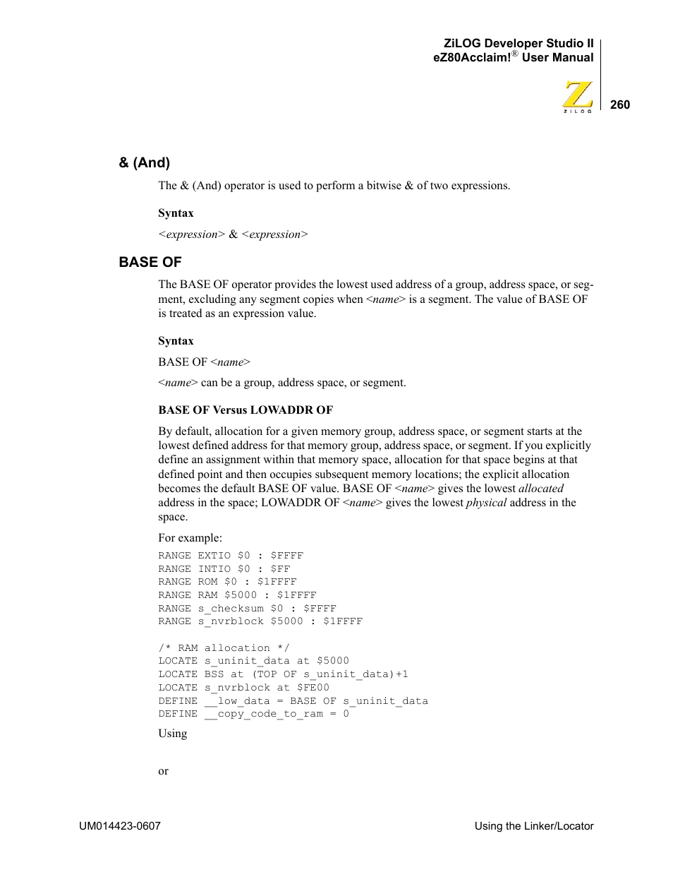 And), Base of, And) base of | Zilog EZ80F916 User Manual | Page 280 / 469