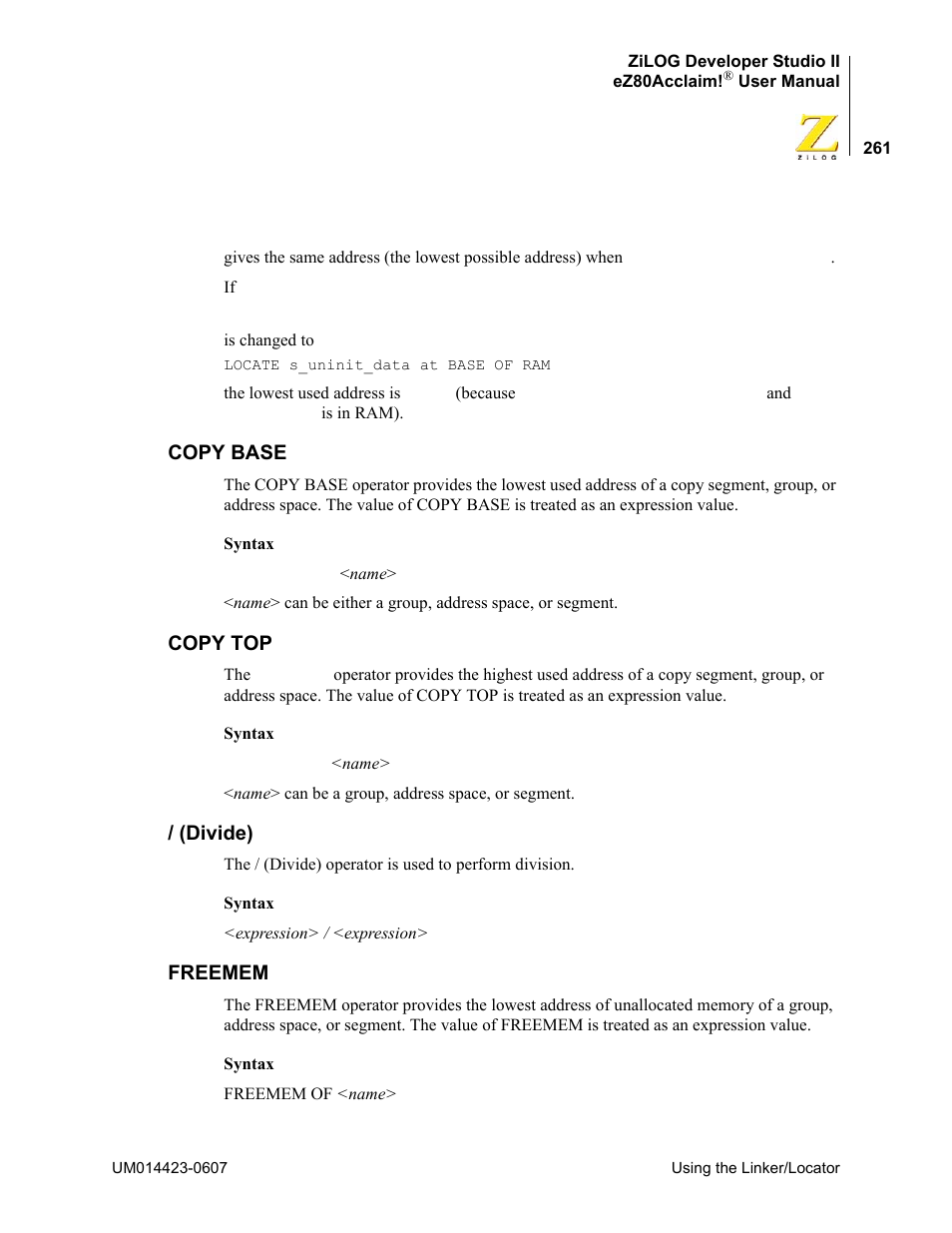 Copy base, Copy top, Divide) | Freemem, Copy base copy top / (divide) freemem | Zilog EZ80F916 User Manual | Page 281 / 469
