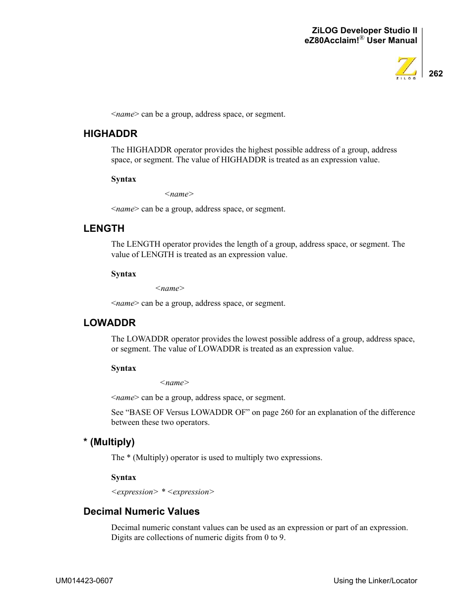 Highaddr, Length, Lowaddr | Multiply), Decimal numeric values | Zilog EZ80F916 User Manual | Page 282 / 469