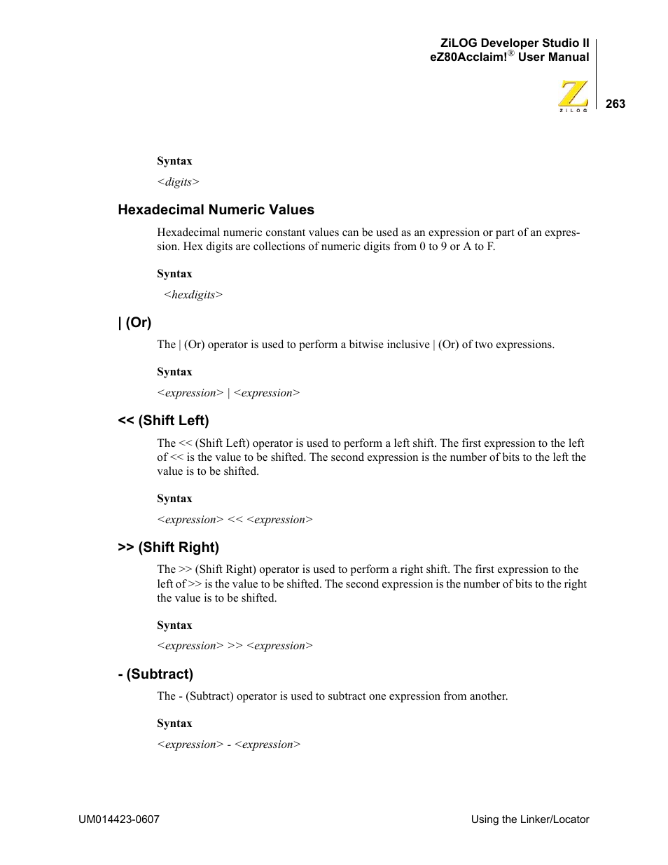 Hexadecimal numeric values, Shift left), Shift right) | Subtract) | Zilog EZ80F916 User Manual | Page 283 / 469