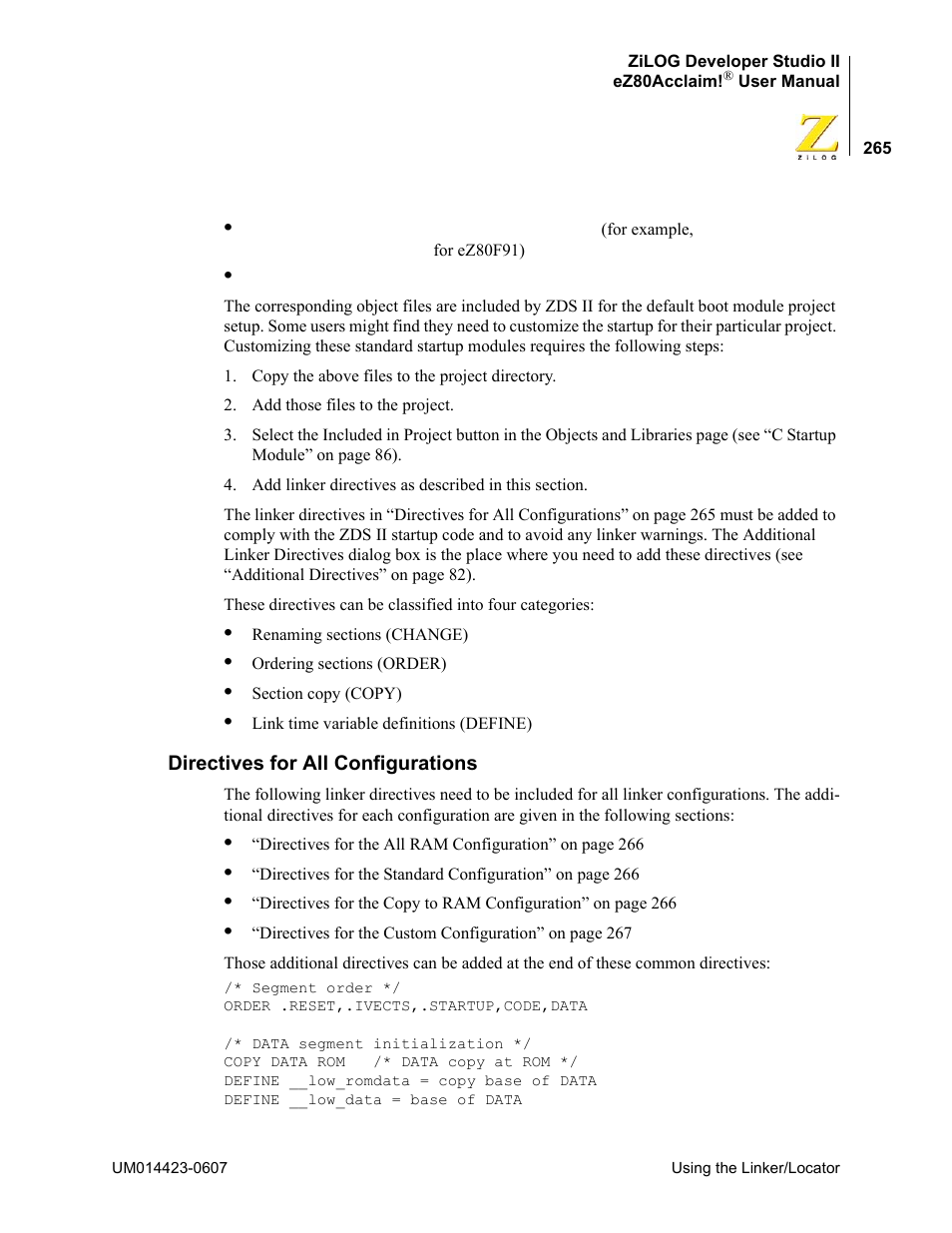 Directives for all configurations | Zilog EZ80F916 User Manual | Page 285 / 469