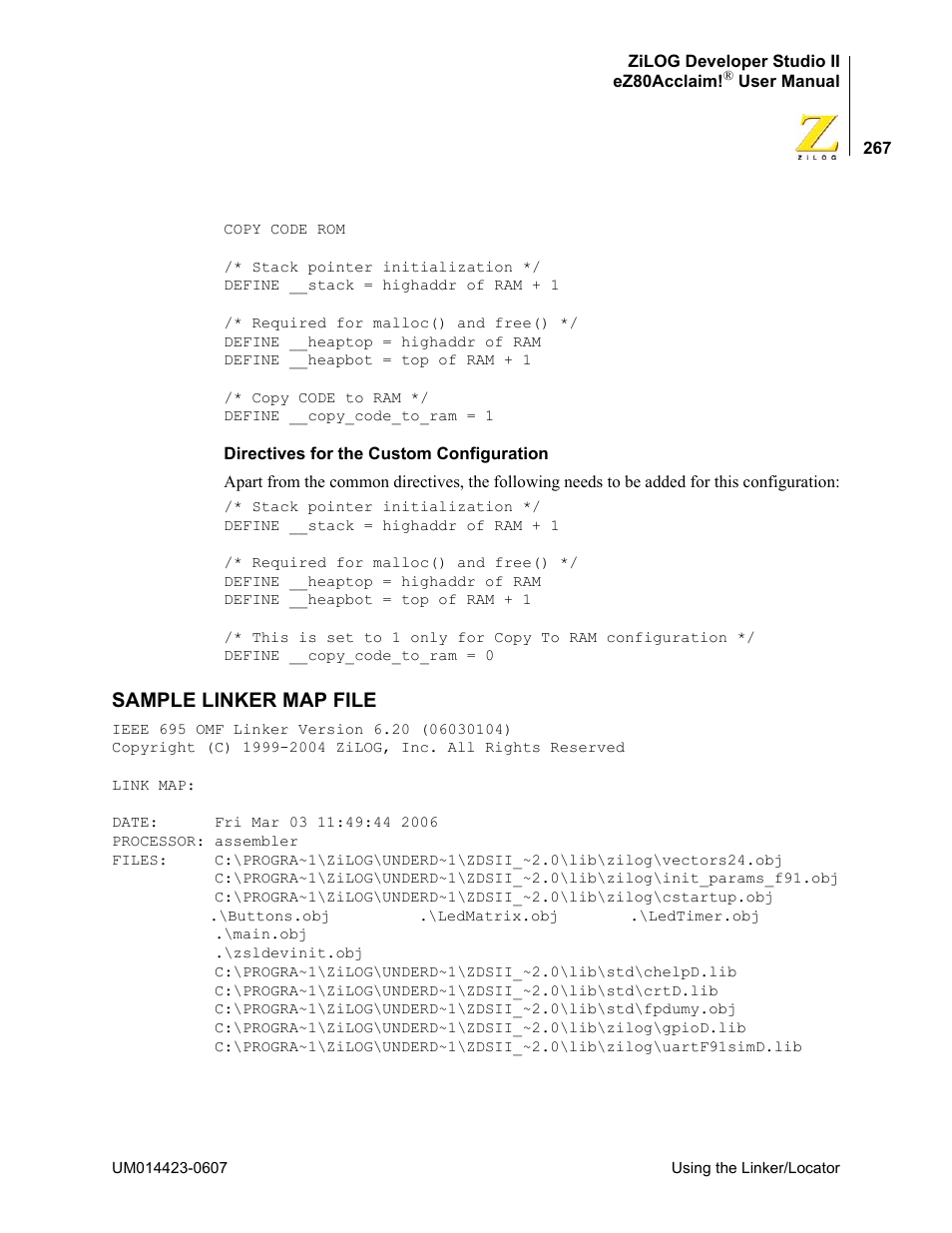 Sample linker map file | Zilog EZ80F916 User Manual | Page 287 / 469