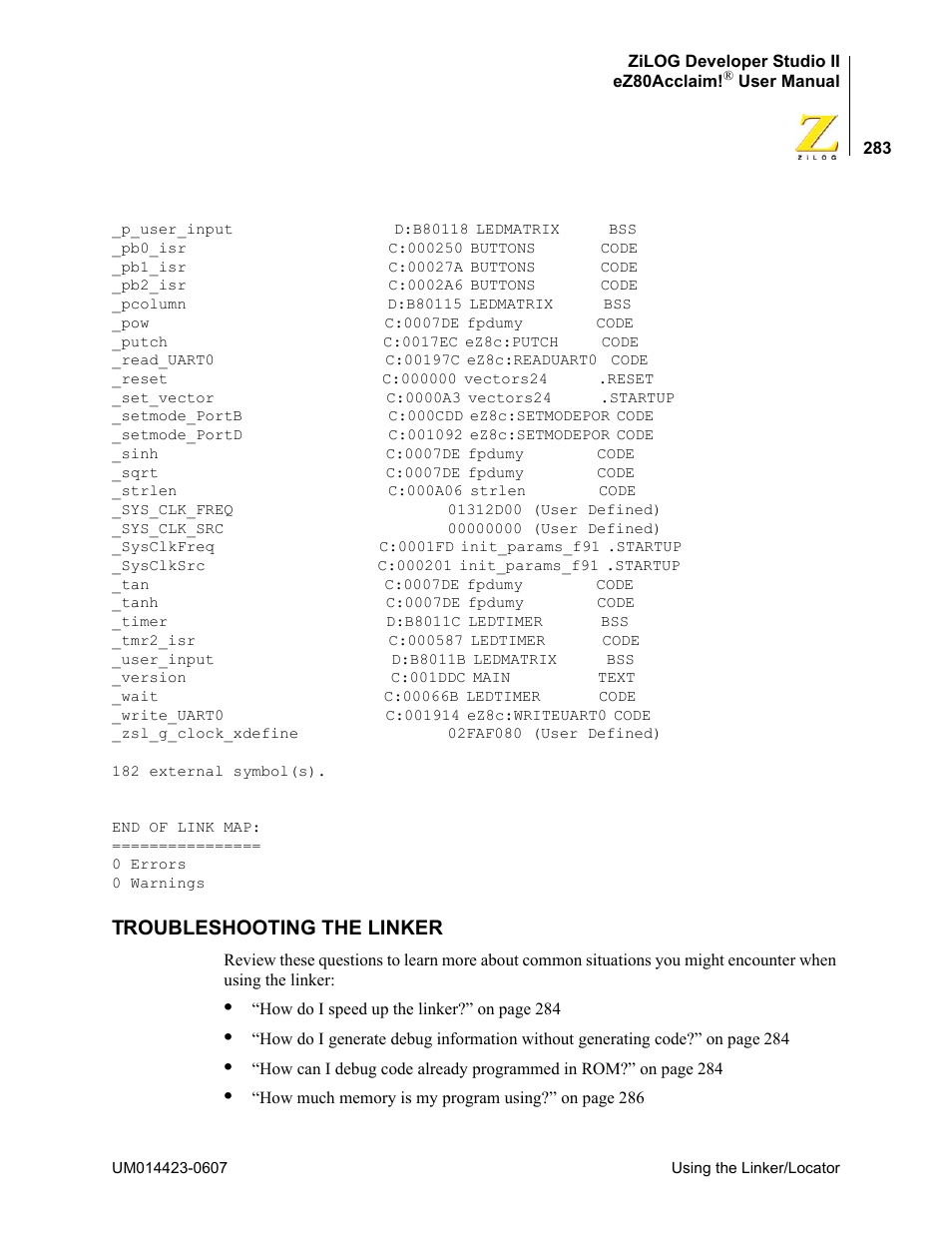Troubleshooting the linker | Zilog EZ80F916 User Manual | Page 303 / 469