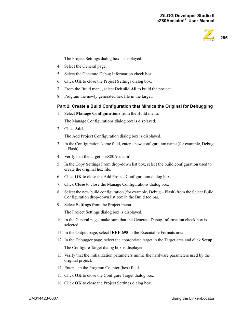 Zilog EZ80F916 User Manual | Page 305 / 469