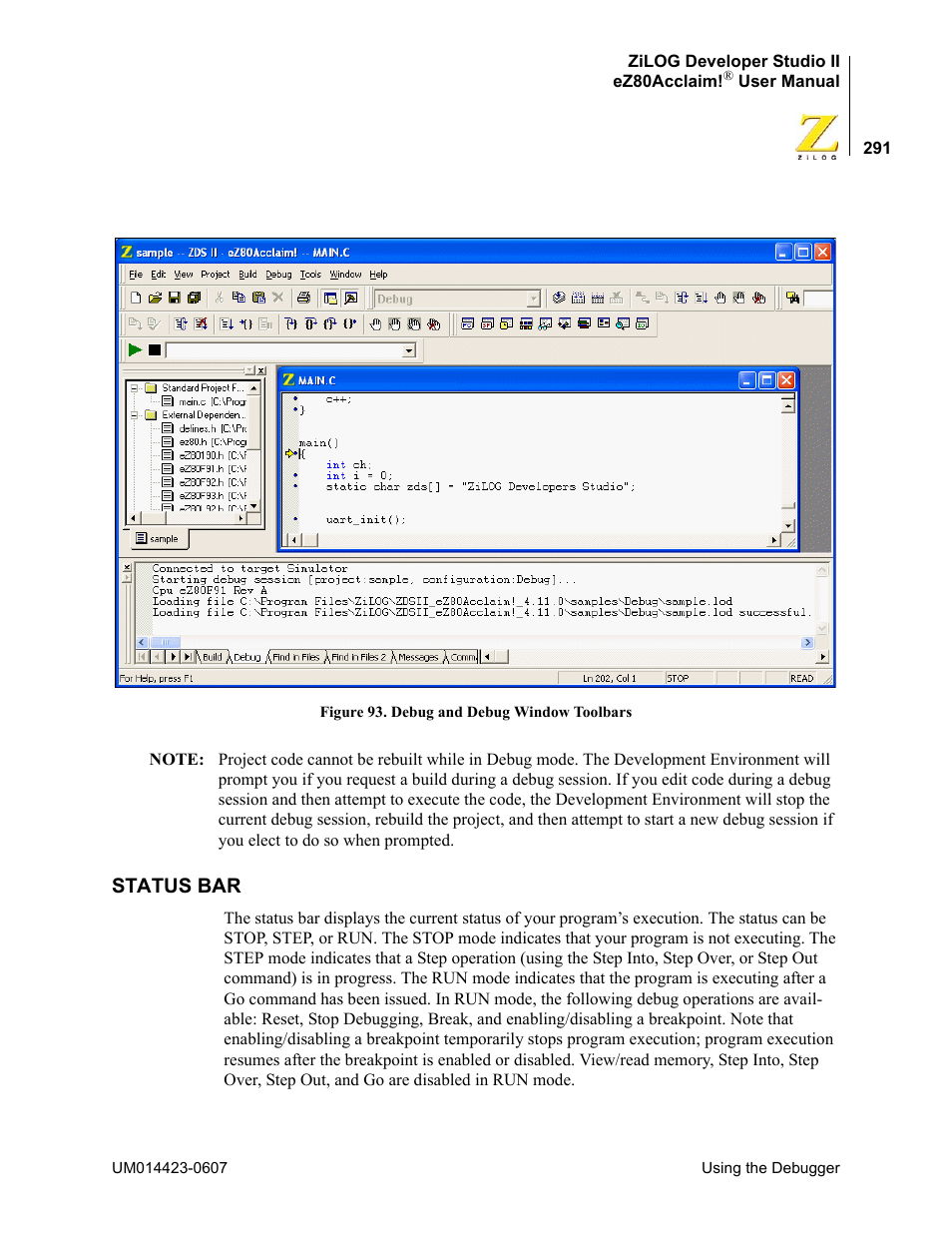 Status bar | Zilog EZ80F916 User Manual | Page 311 / 469