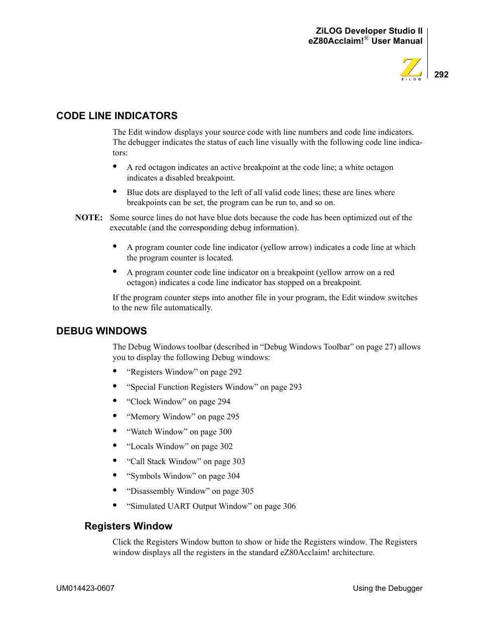 Code line indicators, Debug windows, Registers window | Code line indicators debug windows | Zilog EZ80F916 User Manual | Page 312 / 469