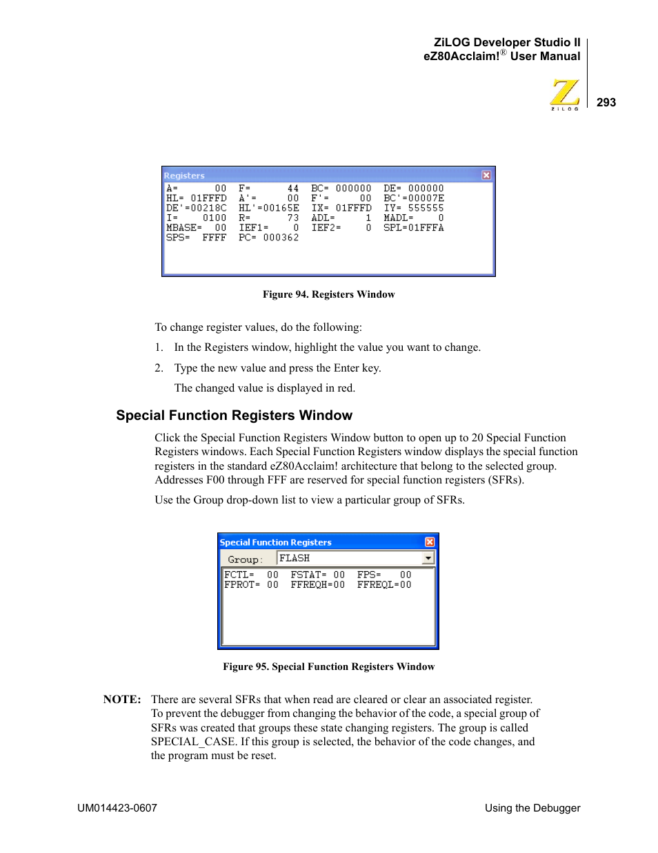 Special function registers window | Zilog EZ80F916 User Manual | Page 313 / 469