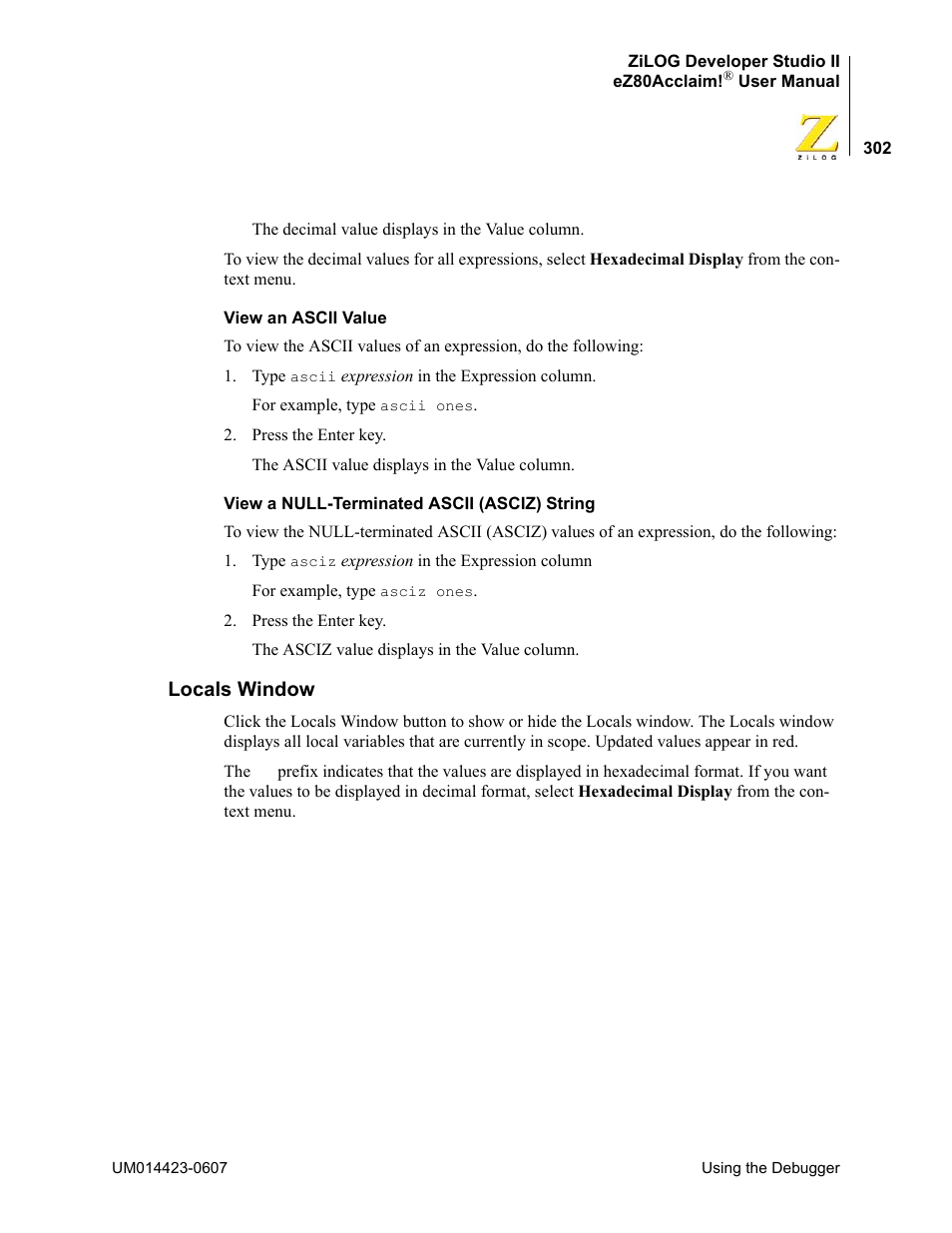 Locals window | Zilog EZ80F916 User Manual | Page 322 / 469