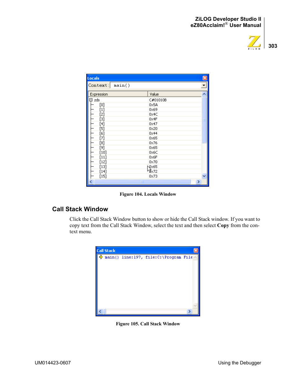 Call stack window | Zilog EZ80F916 User Manual | Page 323 / 469