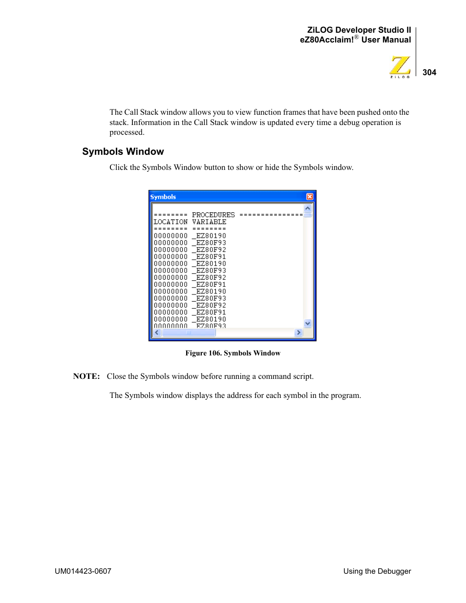 Symbols window | Zilog EZ80F916 User Manual | Page 324 / 469
