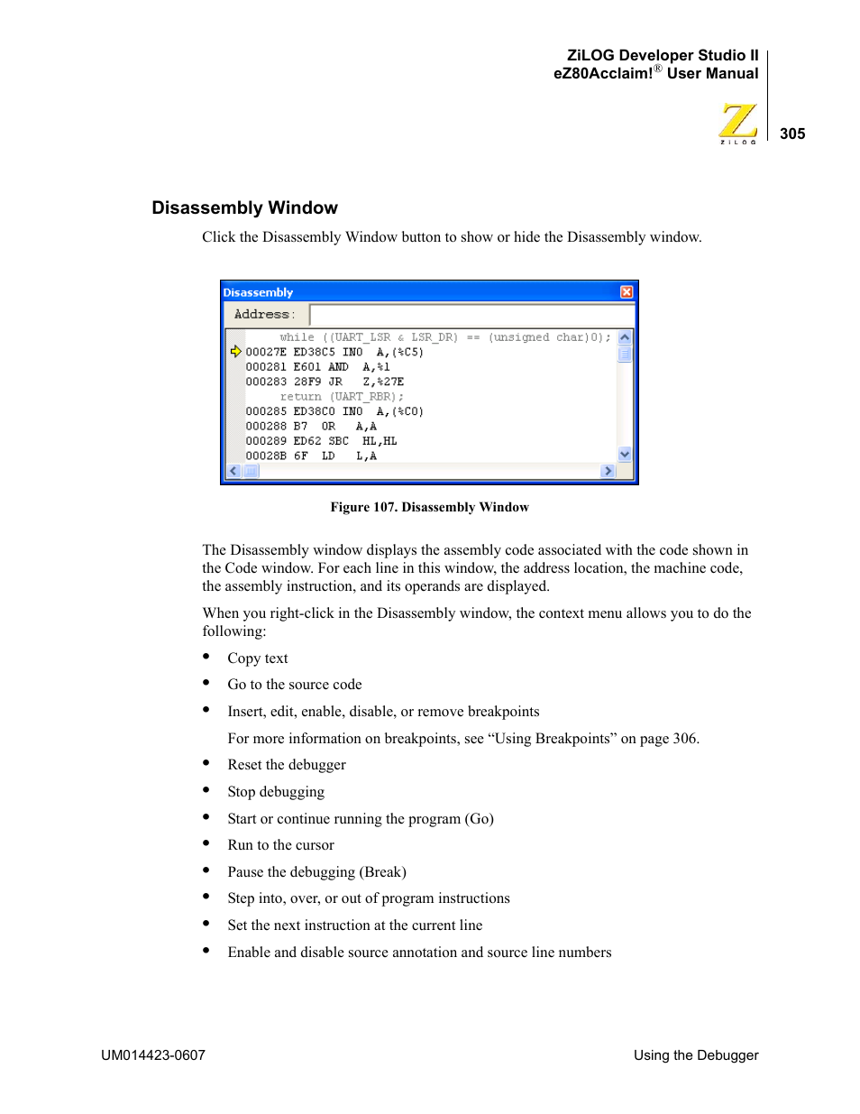 Disassembly window | Zilog EZ80F916 User Manual | Page 325 / 469