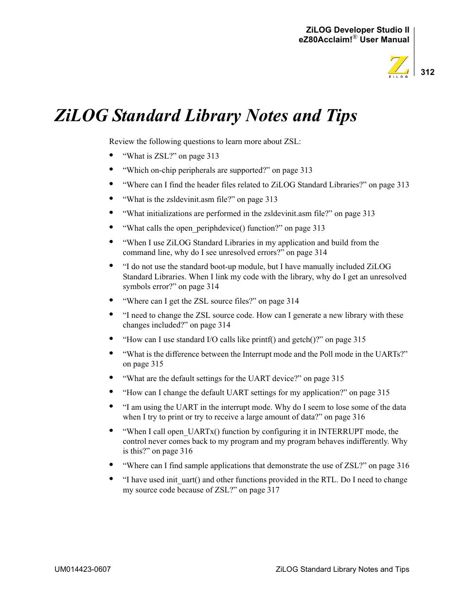 Zilog standard library notes and tips, Zilog standard library notes and tips 312 | Zilog EZ80F916 User Manual | Page 332 / 469