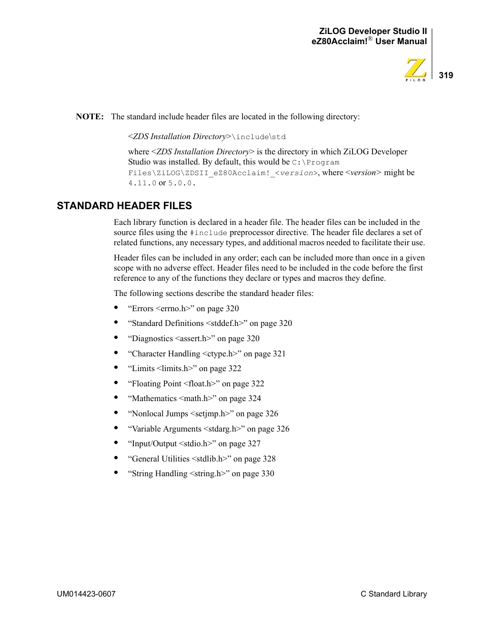 Standard header files | Zilog EZ80F916 User Manual | Page 339 / 469