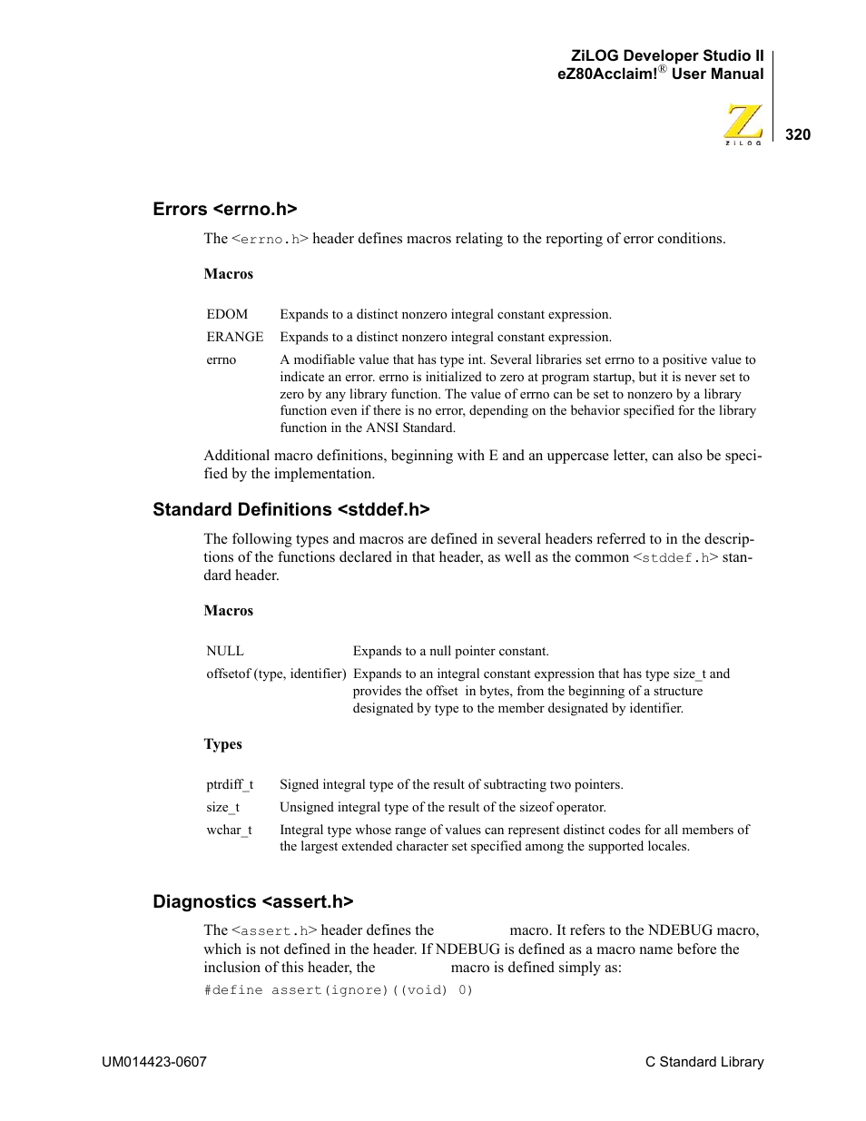 Errors <errno.h, Standard definitions <stddef.h, Diagnostics <assert.h | Zilog EZ80F916 User Manual | Page 340 / 469