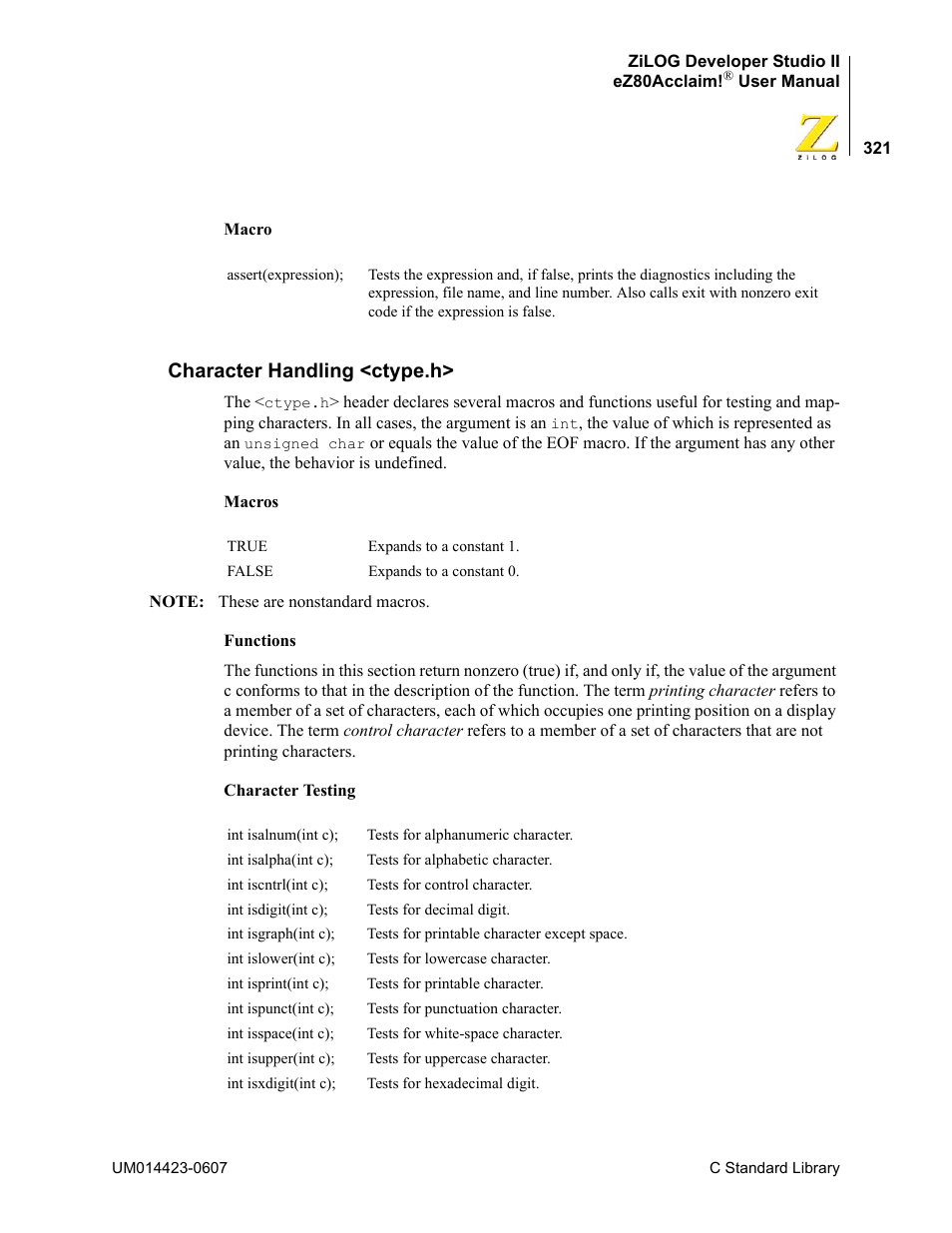 Character handling <ctype.h | Zilog EZ80F916 User Manual | Page 341 / 469