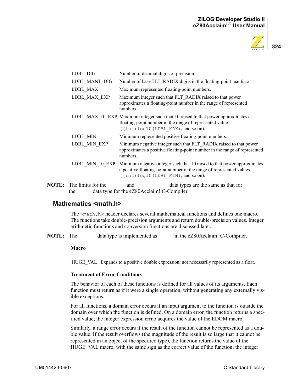 Mathematics <math.h | Zilog EZ80F916 User Manual | Page 344 / 469