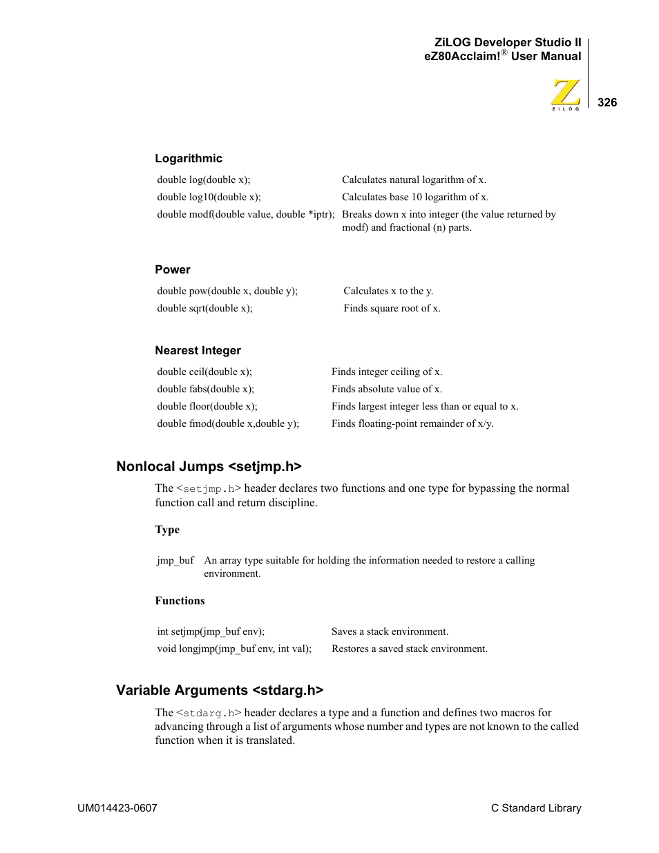 Nonlocal jumps <setjmp.h, Variable arguments <stdarg.h | Zilog EZ80F916 User Manual | Page 346 / 469
