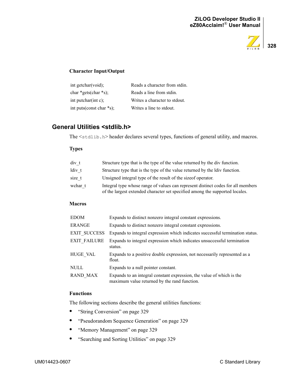 General utilities <stdlib.h | Zilog EZ80F916 User Manual | Page 348 / 469