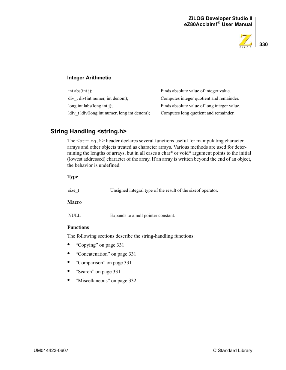 String handling <string.h | Zilog EZ80F916 User Manual | Page 350 / 469