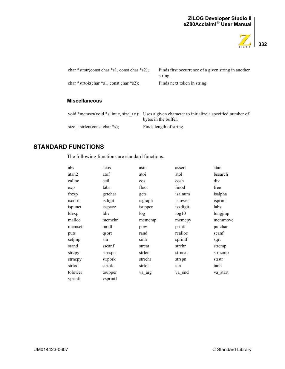 Standard functions | Zilog EZ80F916 User Manual | Page 352 / 469