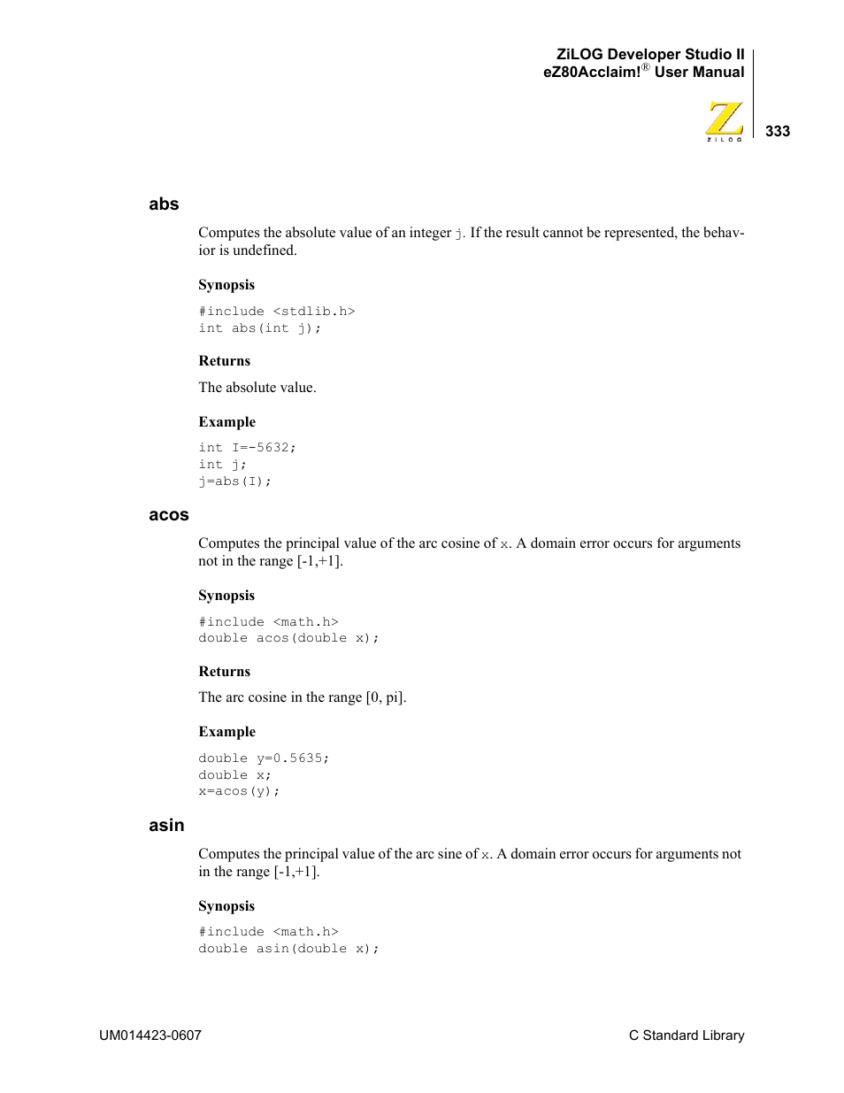 Acos, Asin, Abs acos asin | Zilog EZ80F916 User Manual | Page 353 / 469