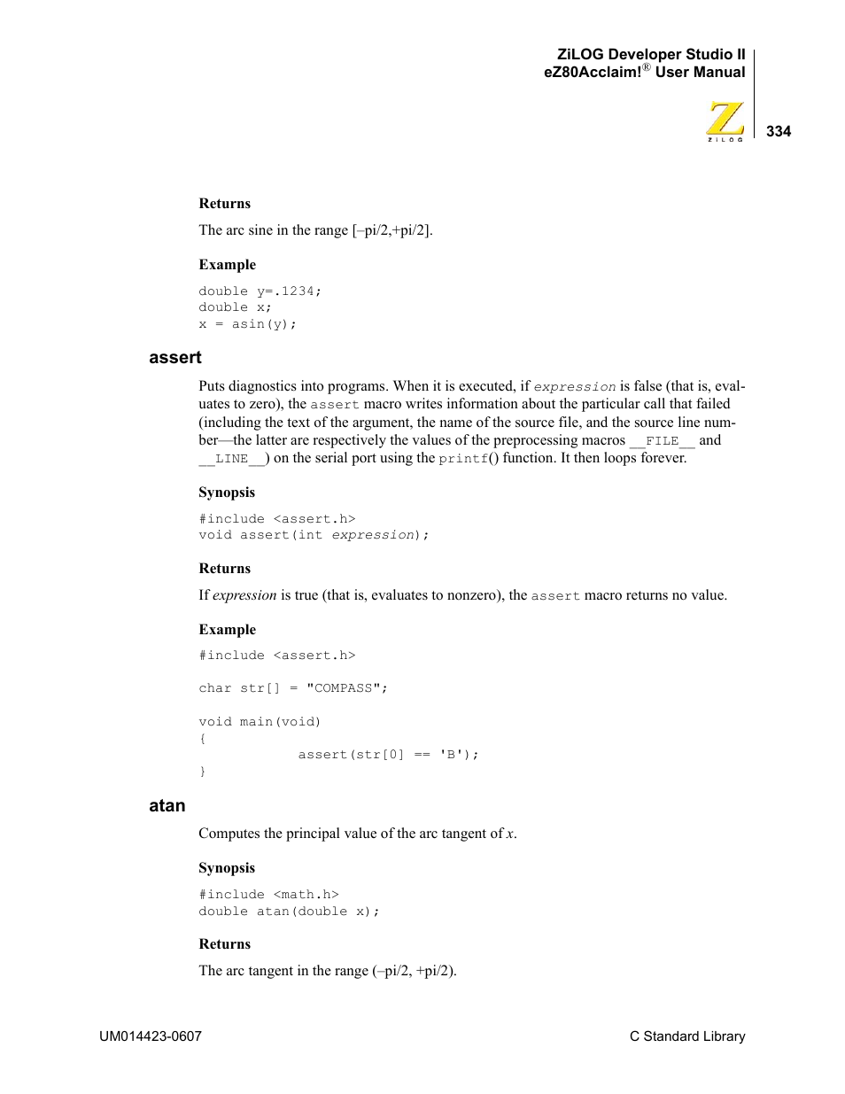 Assert, Atan, Assert atan | Zilog EZ80F916 User Manual | Page 354 / 469