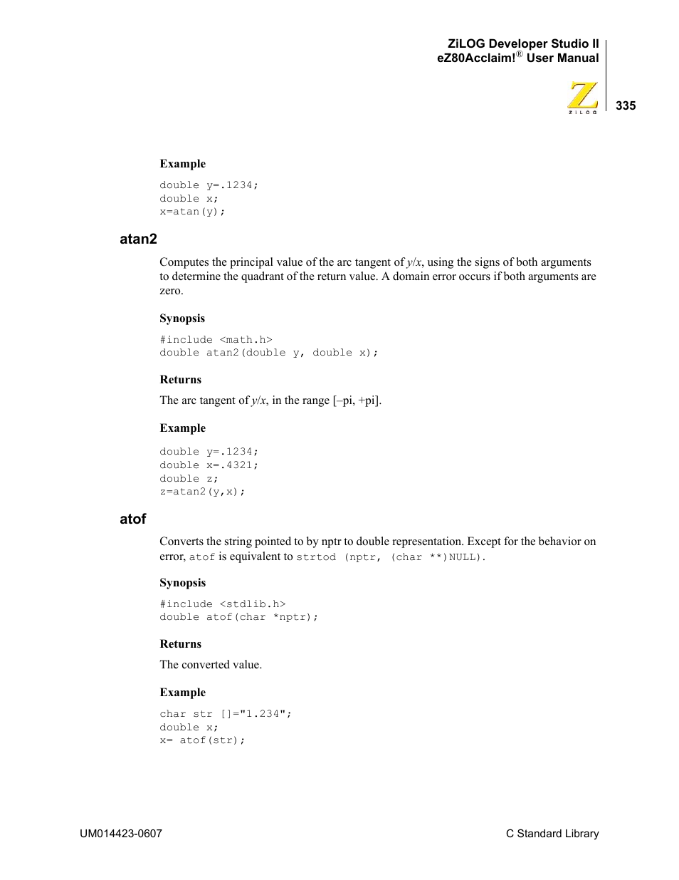 Atan2, Atof, Atan2 atof | Zilog EZ80F916 User Manual | Page 355 / 469