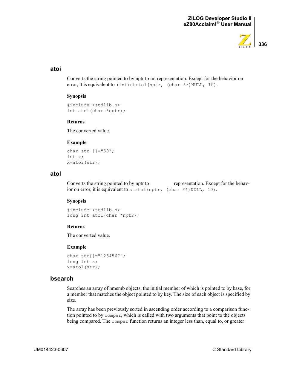 Atoi, Atol, Bsearch | Atoi atol bsearch | Zilog EZ80F916 User Manual | Page 356 / 469