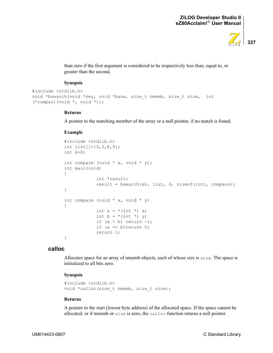 Calloc | Zilog EZ80F916 User Manual | Page 357 / 469