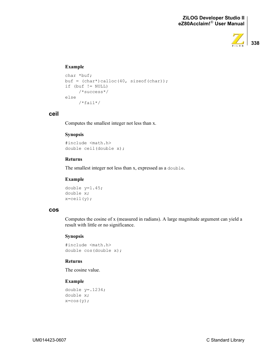 Ceil, Ceil cos | Zilog EZ80F916 User Manual | Page 358 / 469