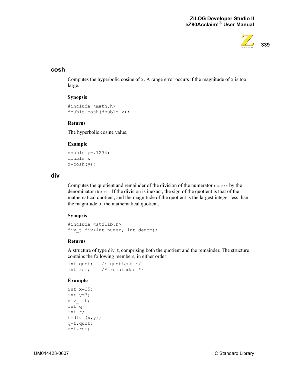 Cosh, Cosh div | Zilog EZ80F916 User Manual | Page 359 / 469