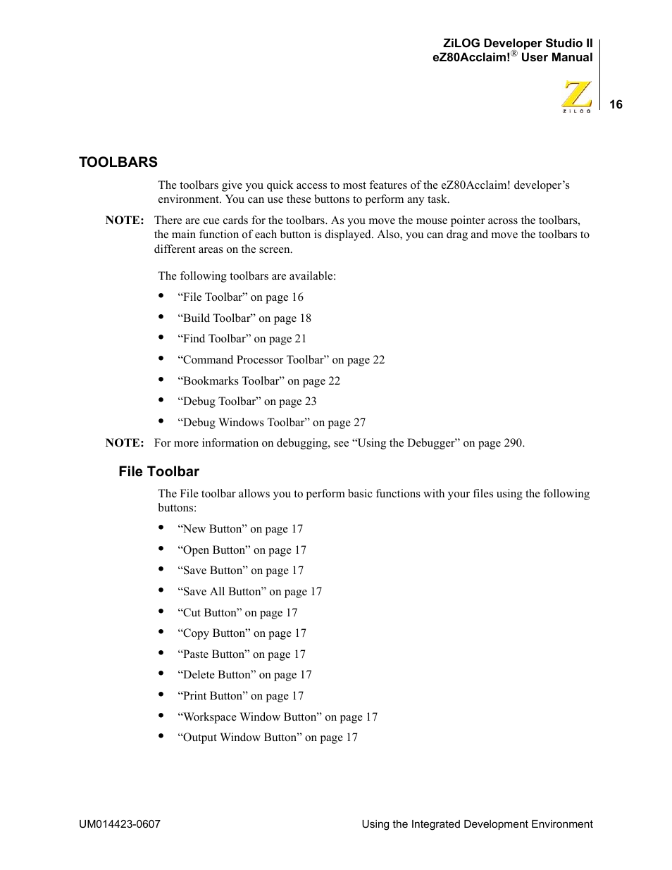 Toolbars, File toolbar | Zilog EZ80F916 User Manual | Page 36 / 469
