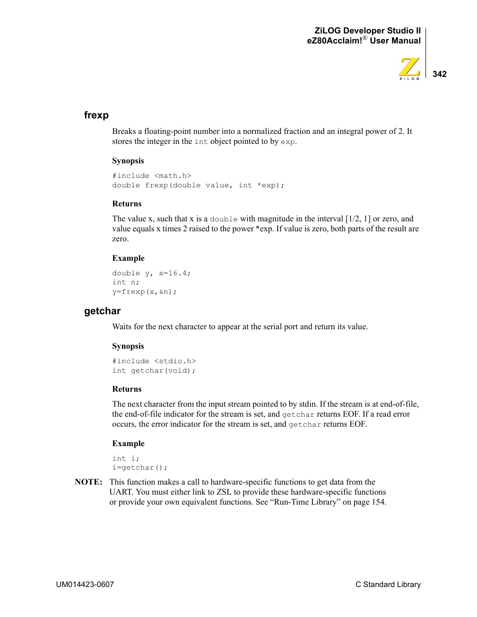 Frexp, Getchar, Frexp getchar | Zilog EZ80F916 User Manual | Page 362 / 469