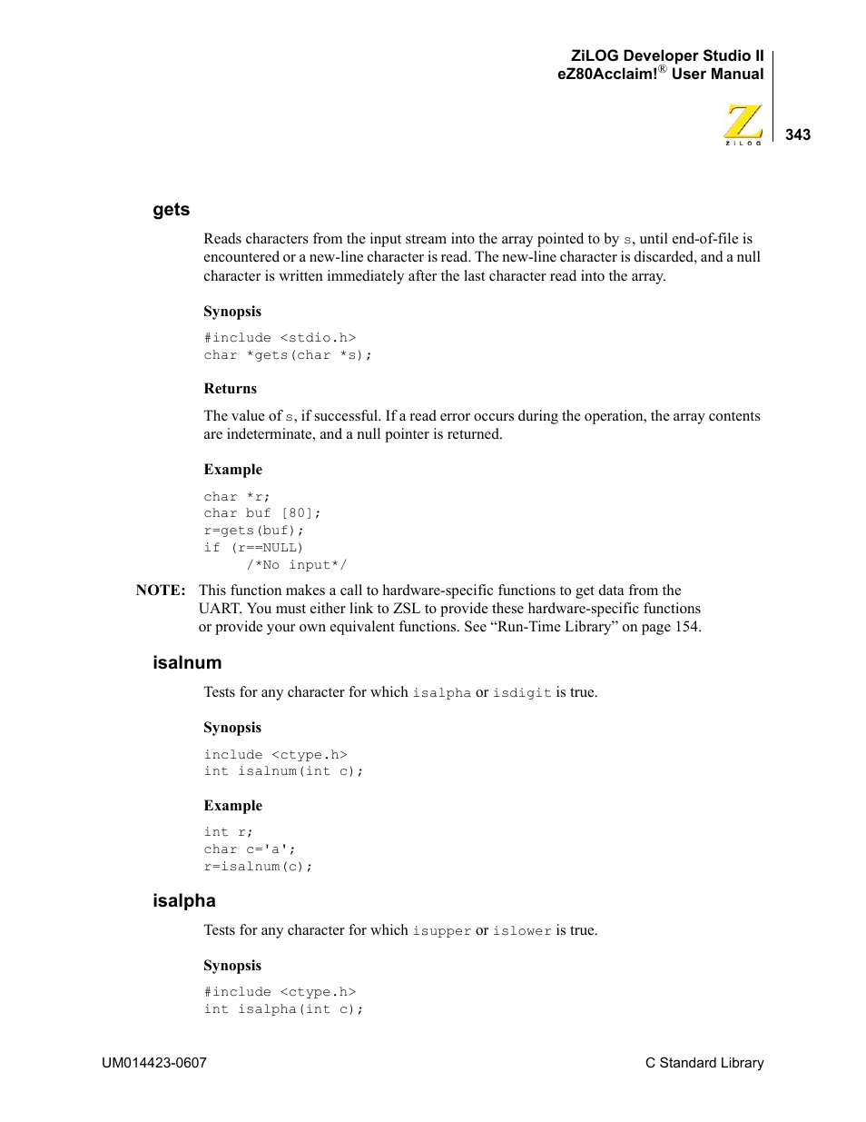 Gets, Isalnum, Isalpha | Gets isalnum | Zilog EZ80F916 User Manual | Page 363 / 469