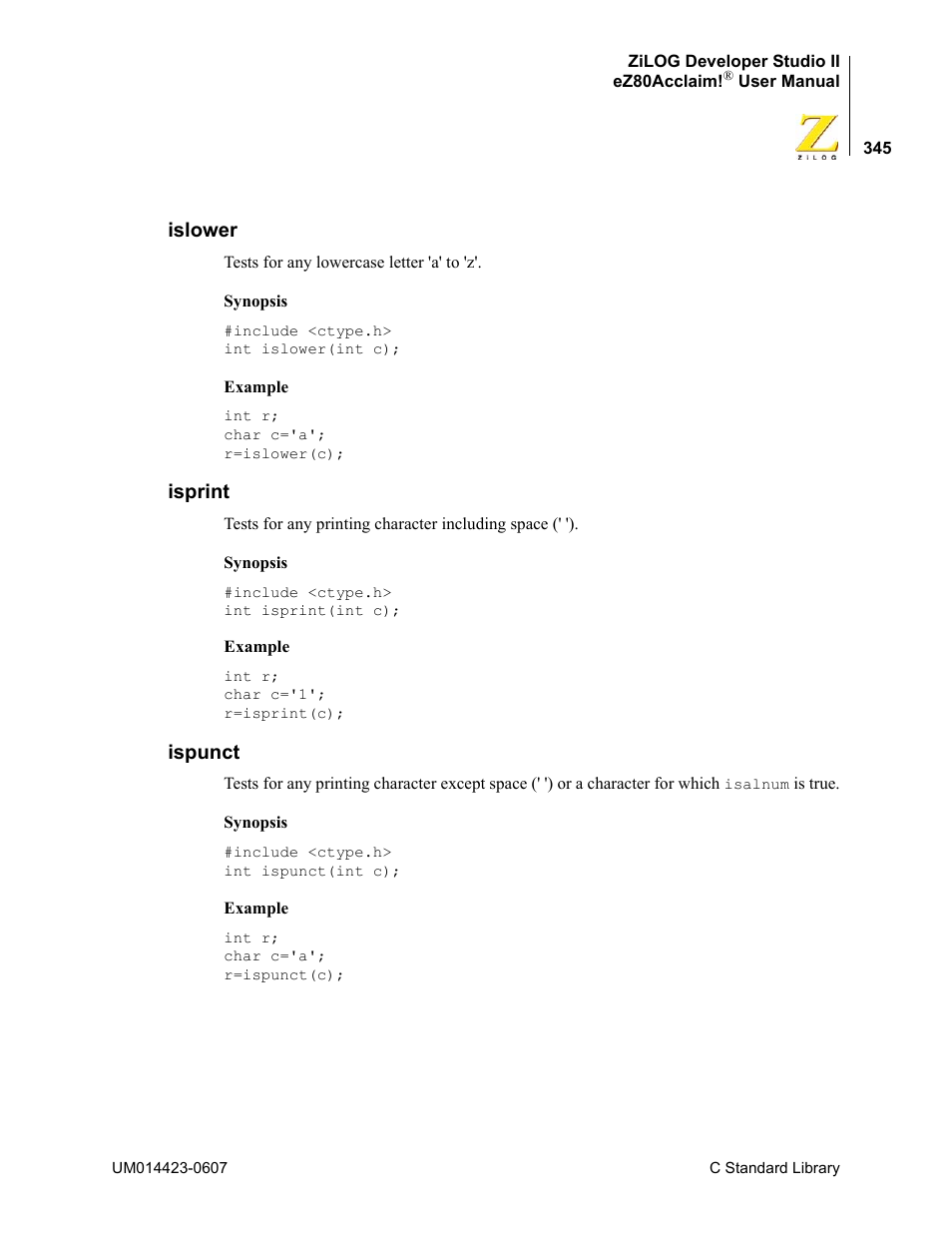 Islower, Isprint, Ispunct | Islower isprint ispunct | Zilog EZ80F916 User Manual | Page 365 / 469
