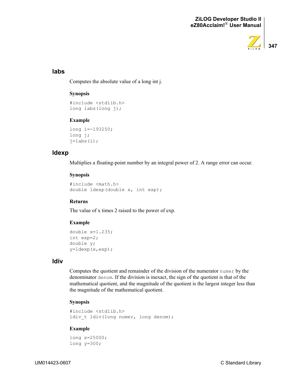 Labs, Ldexp, Ldiv | Labs ldexp ldiv | Zilog EZ80F916 User Manual | Page 367 / 469