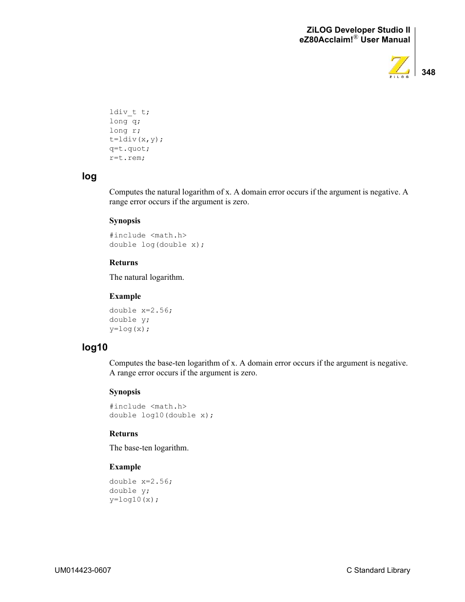 Log10, Log log10 | Zilog EZ80F916 User Manual | Page 368 / 469