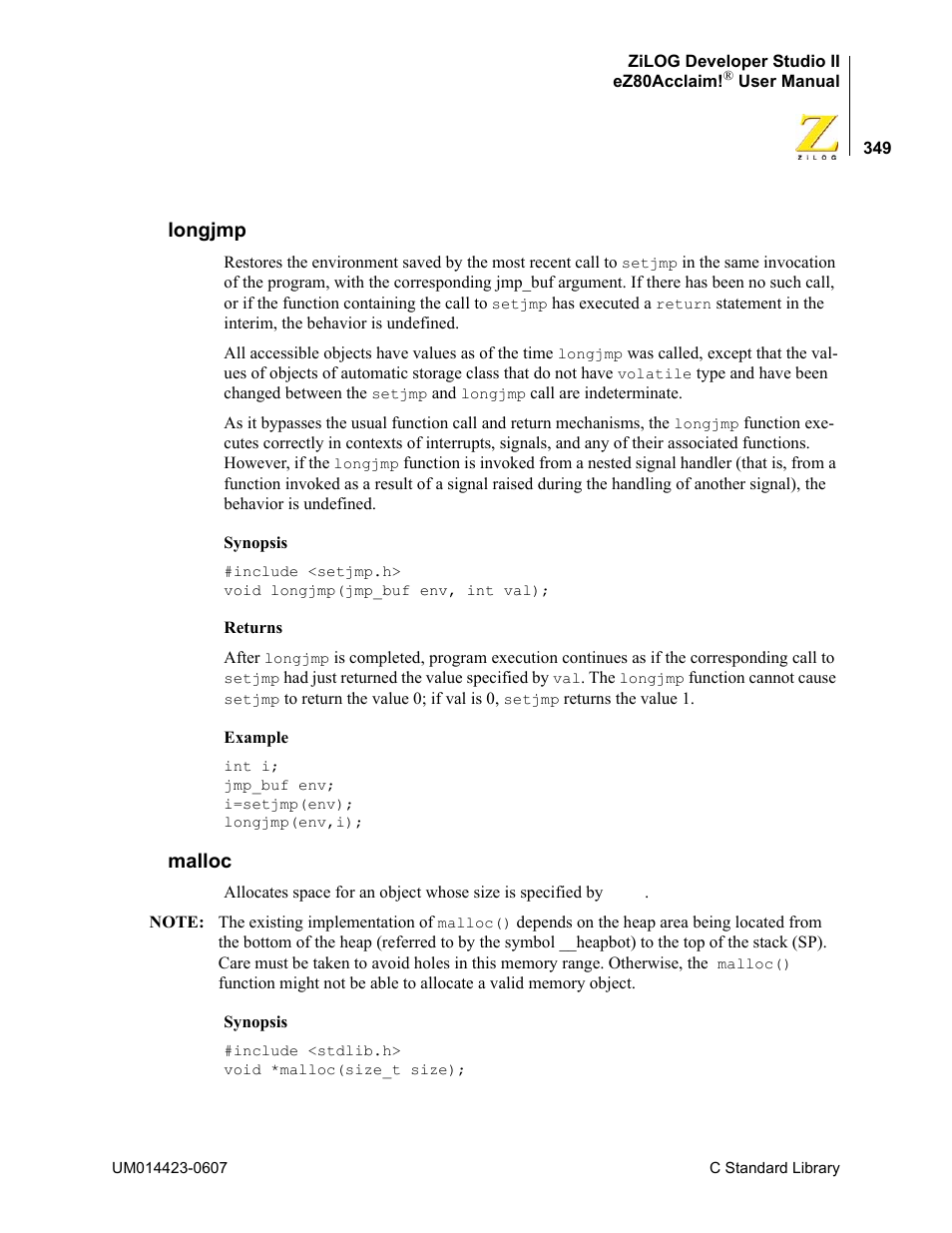 Longjmp, Malloc, Longjmp malloc | Zilog EZ80F916 User Manual | Page 369 / 469